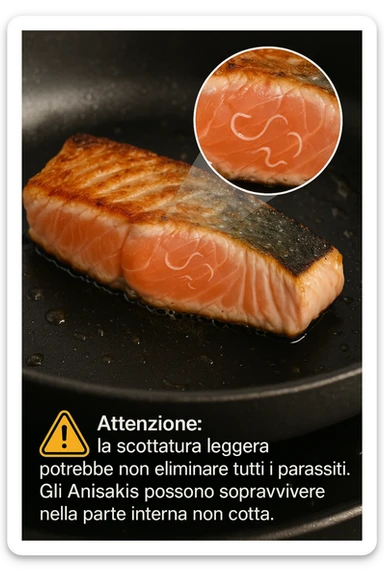 a close-up of a salmon fillet being lightly seared in a hot pan, with the outer layer cooked but the inside still raw. An inset magnifies the interior, showing visible Anisakis parasites surviving in the uncooked portion. A warning icon and educational text explain that searing alone may not eliminate all parasites. in italiano sticker