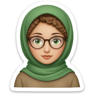 iranian woman, tight curly light brown hair in one high pony tail, glasses, green eyes, pretty, oval shape face sticker