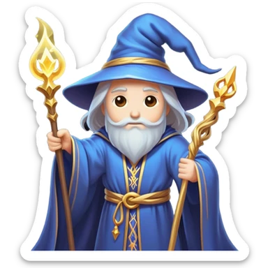 Clash of Clans aesthetic: Cinematic heroic powerful Wizard Hero Emoji, rendered in a 3D vector-style similar to standard emojis with minimal shading and bold, simplified shapes. A compact, isometric figure draped in flowing enchanted robes and wielding a mystical staff, softly glowing with an arcane magical charm. Simplified yet unmistakably iconic, highly detailed and consistent, glowing with a soft radiant glow and high shine. Stylized with a touch of whimsical sorcery and a soft glowing outline, capturing the essence of a powerful wizard ready to cast spells with a friendly, playful spirit! sticker