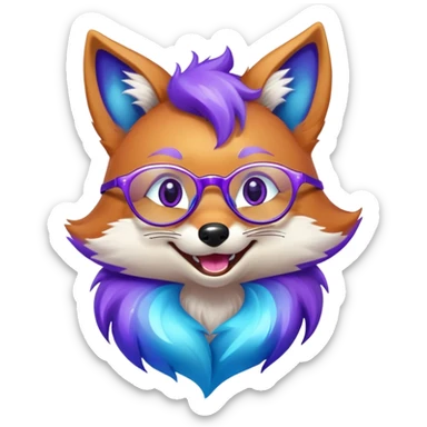 A magical fox with shimmering purple and blue fur, a glowing tail, a silver star on its forehead, and round glasses, laughing so hard that tears are streaming from its eyes. 🦊😂 sticker