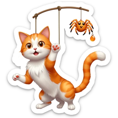 A playful cat batting at a dangling spider with its paw fully extended sticker