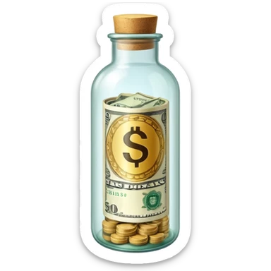 a bottle glass that contains dollars inside and it's labeled savings sticker