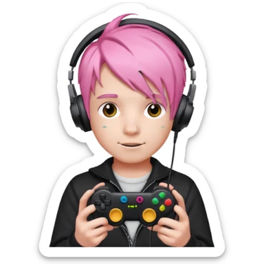 pink haired boy with headphones holding game controller sticker