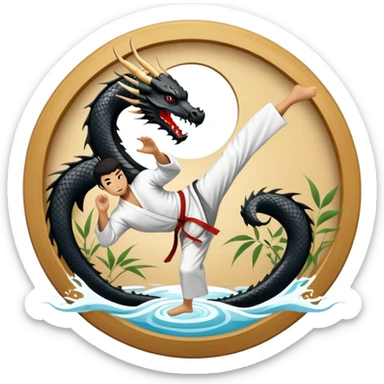 An icon symbolizing Eastern martial arts in the style of an emblem, featuring a black-and-white Yin-Yang symbol and a dragon at the center. A martial artist is performing a fluid kick, surrounded by elements like a dojo and bamboo. Transparent background highlights balance and power. sticker