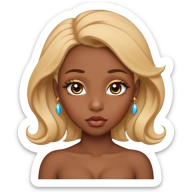 darkskin female with eyebrows that are naturally shaped and frame eyes well, eyes that are almond-shaped with defined lashes. nd lips are full with a defined cupid’s bow, add also a septum piercing that adds an edgy, stylish flair. a middle-part, honey blonde bust-down with laid baby hairs sticker