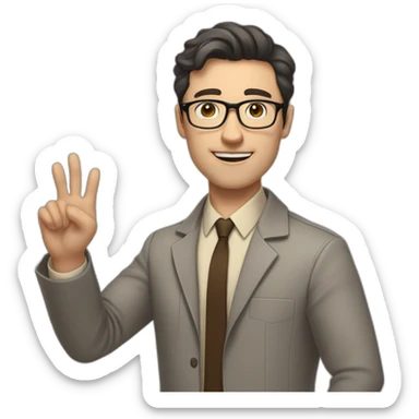 Full height Actively gesturing with hands Pale skinned fit man with dark brown hair in gray jacket, beige office shirt, brown tie, brown pants and vintage glasses. sticker