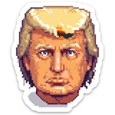 Donald Trump with recognizable features and neutral expression, pixel art style sticker