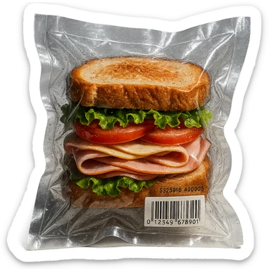 vacuum-sealed sandwich, tightly pressed in clear plastic sticker