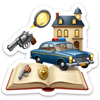 Icon for Action & Crime Reading: an open book with dramatic crime scenes—bullet holes on pages, a detective badge, a revolver and a getaway car. Surrounding elements include a flickering streetlight. Transparent background. sticker