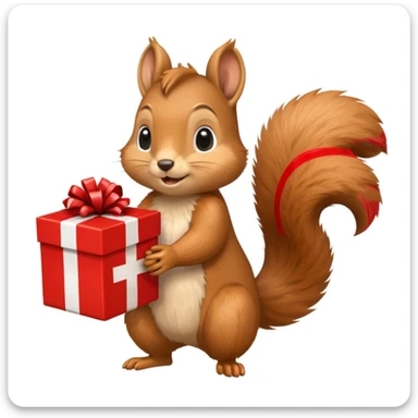 squirrel holding a large red gift box in one hand and a Swiss flag in the other, both objects prominent, simple white background sticker