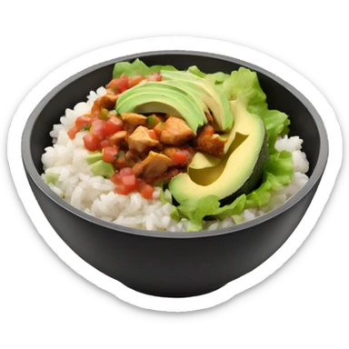 Chipotle bowl with lettuce, chicken, white rice, avocado and salsa, sticker