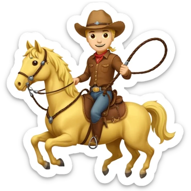 Cowboy riding a horse with whip. Cowboy With yellow skin and smilling. Simplize it and I need a full pic with horse. Like I need the leg part too sticker