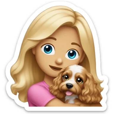 White dark blond girl with long hair and blue eyes wearing a pink shirt and hugging a cavapoo dog sticker