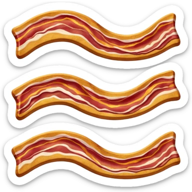 single crispy bacon strip, natural wavy shape, rich reddish-brown, golden highlights, fat marbling, glossy and crispy texture, clean 3D rendering, soft light, subtle shadow, no plate, no anthropomorphic features, transparent background, emoji scale sticker