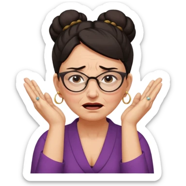  middle aged woman with dark hair pulled up in a high bun, wearing round ring earrings and glasses, expression extreme pain on her face, covering her ears with her hands very painful expression on her face, eyes squeezed shut, wincing in pain covering her ears with her hands sticker