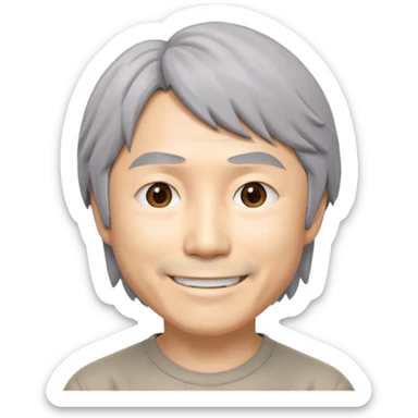 ​Cinematic Realistic Portrait of a Smiling Shigeru Miyamoto, depicted with warm, approachable features, gentle grey-tinted hair, and kind, expressive eyes, set against a subtle backdrop hinting at iconic video game imagery, rendered with lifelike textures and soft, inviting lighting that captures his innovative spirit, sticker