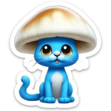 Blue smurf cat with large black eyes wearing a large white mushroom on his head casting a show on his face with a neutral face sticker