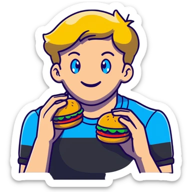 Young blonde guy with blue eyes from LGBT community eating McDonald's burger, rainbow pride details sticker