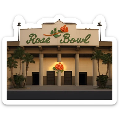 Adjust the coloring of the Rose Bowl Stadium emoji to be more realistic, removing the strange yellow tint. Keep the majestic, ornate architecture, lifelike detail, regal lighting, iconic sign, and accurate colors. Transparent background. sticker