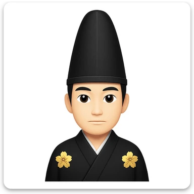 Make the eboshi hat much taller, keeping the shogun in a long black kimono, in the style of emoji style emojis. The style should resemble apple style emojis with concise details. sticker