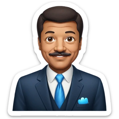 Neil deGrasse Tyson, astrophysicist with a mustache, wearing a suit, smiling sticker