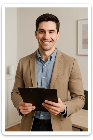 young professional man with a clipboard, smart casual clothes, friendly demeanor sticker