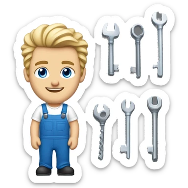  car mechanic, midlle age white men with smile, blodne hair, blue eyes, key in hand, sport cup  sticker