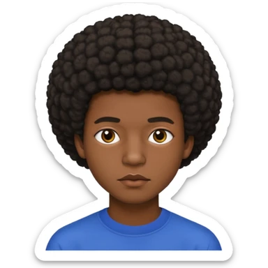 Une homme de 17 ans il a la peau noir foncé , des lèvres pulpeuses et un regard nonchalant. Il a un petit afro taper sticker