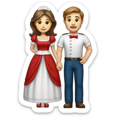 white man dressed in femail maid uniform besides his white wife with brown hair dressed in a red dress sticker