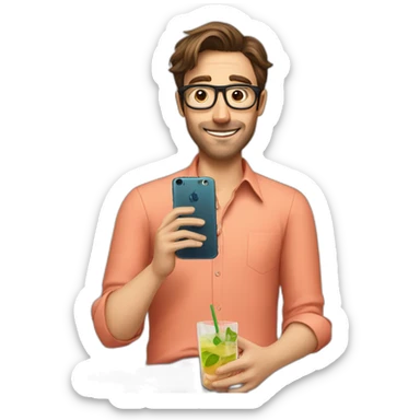 man with brown hair, octagonal glasses, and salmon colored shirt sitting on the toilet, holding a phone in one hand and a cocktail in the other hand sticker