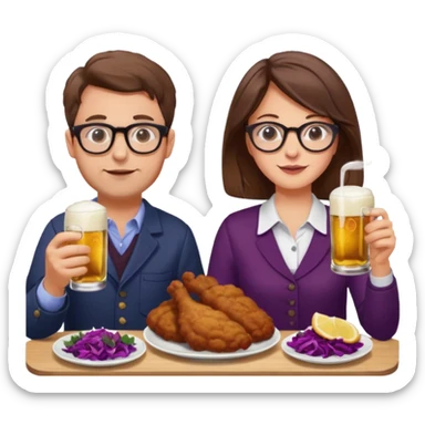 German man with glasses and brown hair and woman with glasses and brown hair eating schnitzel, red cabbage, potatoes, and drinking a beer sticker