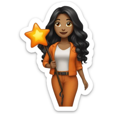 brown woman holding a orange star wand long black hair full length sticker