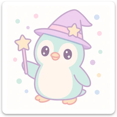 {
  "style_description": {
    "overall_look": "Cute, minimal, and soft with a friendly and playful tone",
    "material_simulation": {
      "primary_material": "flat digital color",
      "texture_detail": "smooth surfaces with no texture or shading",
      "pattern": "none or very simple decorative accents (e.g., hearts, stars)"
    },
    "geometry": {
      "edge_style": "rounded, soft curves with no sharp angles",
      "dimensionality": "flat two-dimensional appearance with simple shapes"
    },
    "color_palette": {
      "scheme": "pastel and light tones",
      "preferred_colors": ["pink", "mint", "lavender", "baby blue", "peach"],
      "contrast": "low contrast with bright accents"
    },
    "facial_features": {
      "eyes": "large, sparkly, often oval or circular",
      "mouth": "small, often a simple curve or dot",
      "expression": "joyful, innocent, or calm"
    },
    "lighting": {
      "type": "none or implied with soft highlights",
      "purpose": "maintain a clean and cheerful look"
    },
    "render_constraints": {
      "avoid": ["realistic shading", "high detail", "dark themes", "texture noise"],
      "focus_on": ["cute expression", "iconic simplicity", "emotional warmth"]
    },
    "background": {
      "color": "white or soft pastel",
      "style": "plain or patterned with simple icons (e.g., polka dots, stars)",
      "lighting_consistency": "no shadows, evenly lit feel"
    }
  }
}

{subject} = penguin wizard sticker