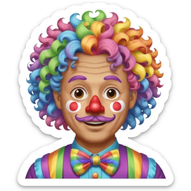 Middle-age man with Curly rainbow hair of clown — soft pastel curls tied high sticker