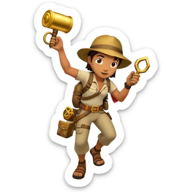 An icon featuring an adventurer in a dynamic action pose with treasure map, ancient ruins and jungle landscapes in the background. The design includes clues, hidden passages and climbing gear, symbolizing the thrill of exploration and discovery. Transparent background. sticker