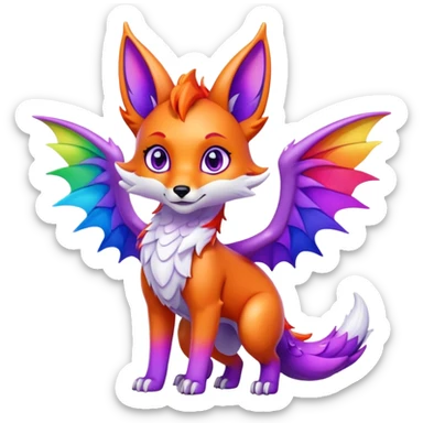 Cartoon Fox dragon hybrid purple eyes with wings face front full body rainbow colored sticker