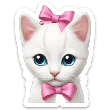 A pink ribbon bow on a white kittens head sticker