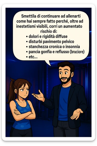 TRASFORMA QUESTO CAROSELLO IN UN FUMETTO STILE MANGA A COLORI CON QUESTE DUE PERSONE IDENTICHE CHE INTERLOQUISCONO TRA LORO:

LUI (UOMO): Smettila di continuare ad allenarti come hai sempre fatto perché, oltre ad inestetismi visibili, corri un aumentato rischio di:
    • dolori e rigidità diffuse
    • disturbi pavimento pelvico
    • stanchezza cronica o insonnia
    • pancia gonfia e reflusso (bruciore)
    • etc… sticker