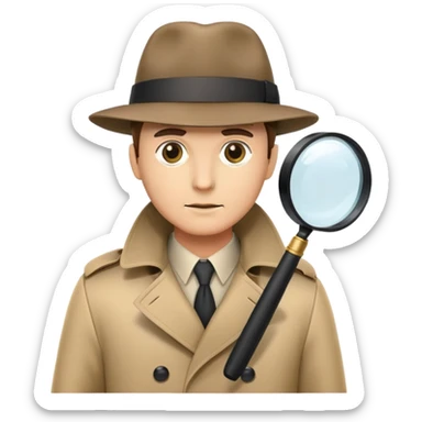 detective with magnifying glass, trench coat and hat sticker