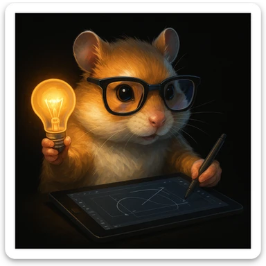 a modern, semi-realistic hamster with cool glasses and a lightbulb, creating a design or making animations, showing creative action, inspired by the provided reference, on a solid black background sticker