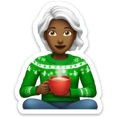 Woman wearing Green christmas sweater while drinking hot chocolate on sofa sticker