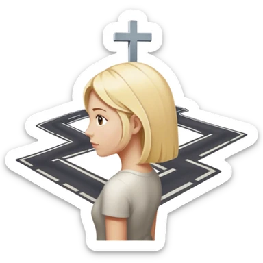 back of blonde woman stands In front at a crossroads between two paths—one illuminated, the other in shadow... scary and sunlight ... sticker