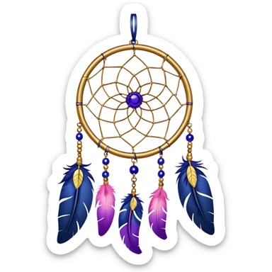 A gold-framed Dreamcatcher. with yellow metal flowers, blue beads, indigo beads, purple beads. And with pink feathers hanging down sticker