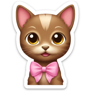 Brown little kitten with brown eyes and pink bow sticker