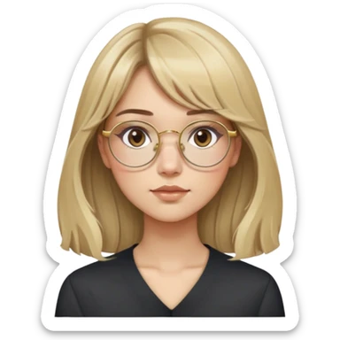 young adult woman with light skin, soft cheeks and round face, voluminous blonde-brown hair with slight waves and long bangs, large octagonal glasses with thin gold frame, dark casual shirt, calm and creative expression sticker