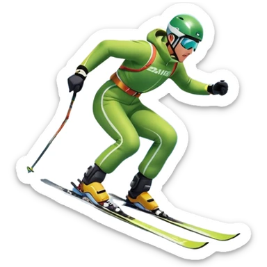 An icon featuring snowy peaks, pine trees, and a picturesque mountain landscape with a skier racing down a snow-covered slope. The sky is blue with soft clouds, capturing the thrill and beauty of alpine skiing. Transparent background highlights the excitement and serenity of winter sports. sticker