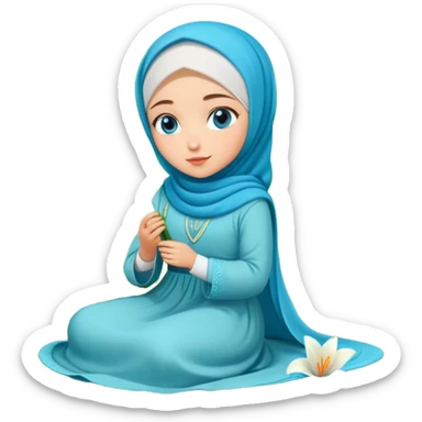 Turkish beautiful finish Konya girl blue eyes with lily flower hijab long tail dress and sits on the grass on the ground and hold lily flower on hand  sticker