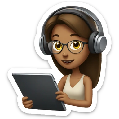 Brunette Female with headphones Studying in library looking at iPad  sticker
