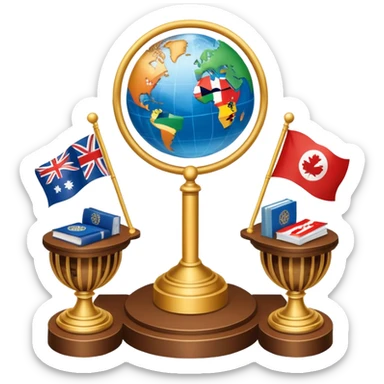 icon featuring podium with a speaker, national flags, and voting ballots, symbolizing political science. The design includes a globe and scales of justice in the background, representing governance, global affairs, and political theory. Transparent background emphasizes civic engagement and policy. sticker