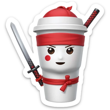A disposable coffee cup character with a face, wearing a red ninja headband tied around the top and gripping a katana sword sticker